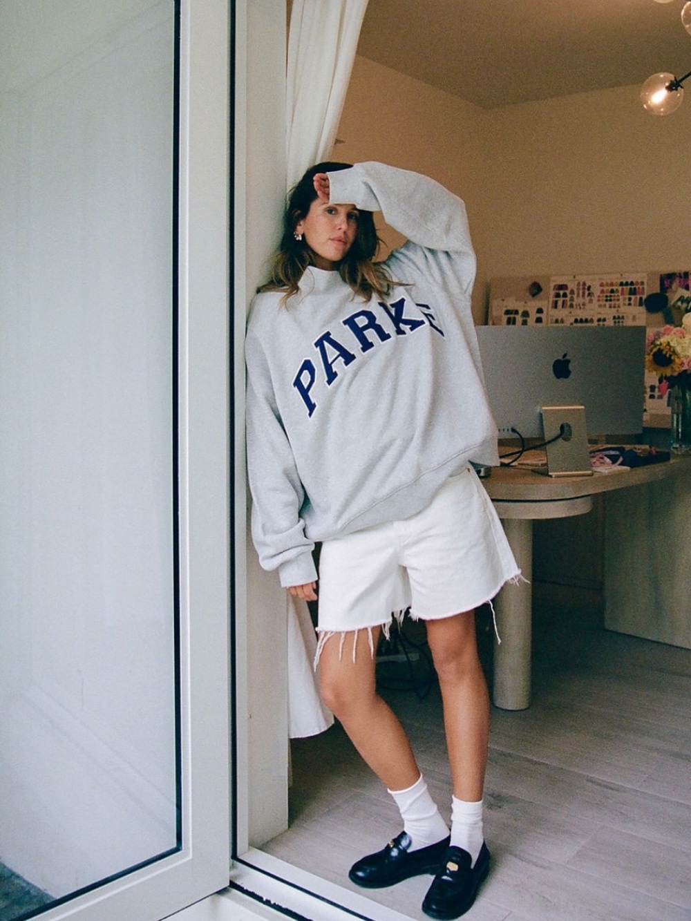 Grey birthday Parke mock neck with denim lettering